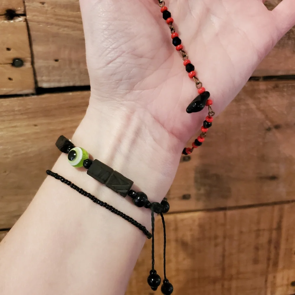Set of 2 beaded bracelets/1 anklet in black, red and green evil eye/foot beads